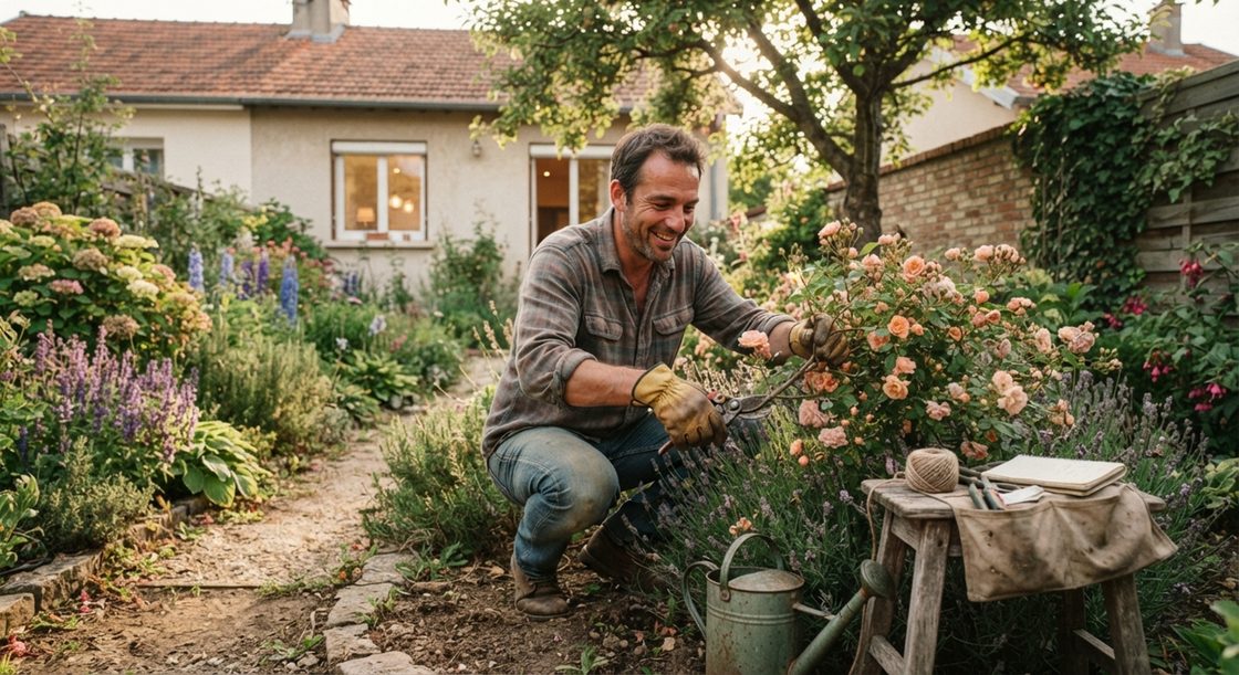 Un passionné de jardin s'occupe d'un rosier