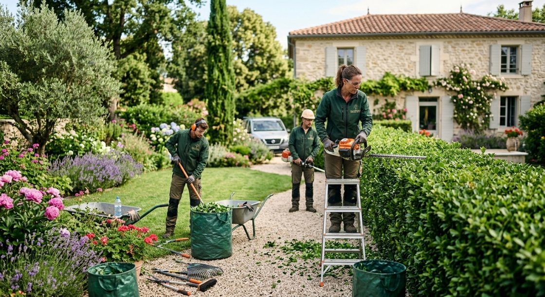 Des paysagistes en travail d'entretien