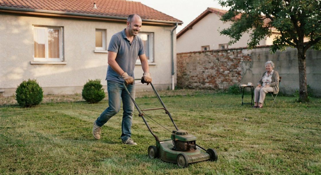 Une homme en reconversion tond la pelouse