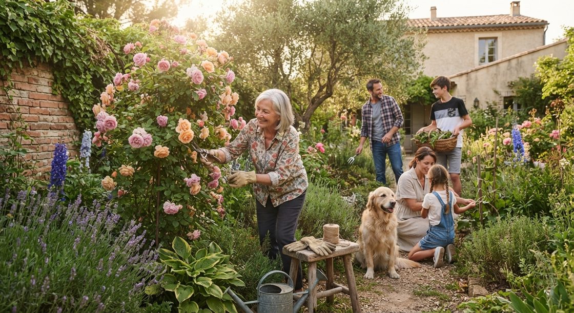 Une retraitée active s'occupe de l'entretien du jardin d'une famille